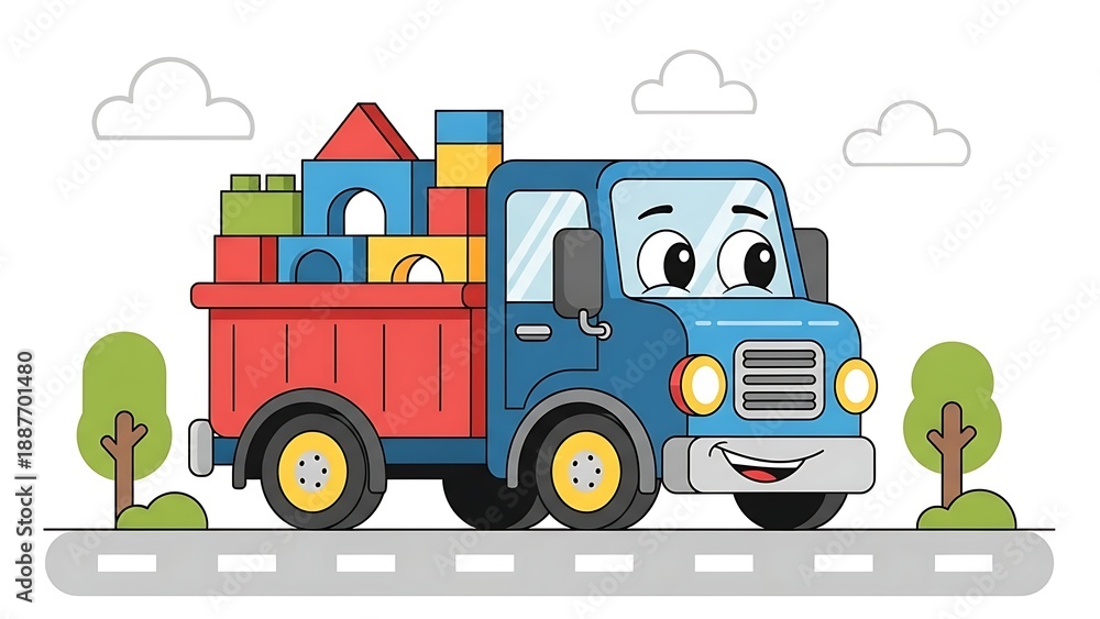 Fototapeta premium Smiling cartoon truck with colorful blocks.