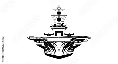 A striking black and white illustration of a formidable aircraft carrier viewed from the front, showcasing its immense deck and complex superstructure