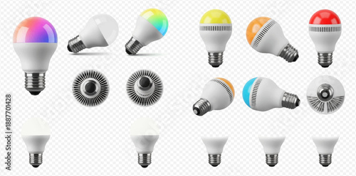 Set of smart LED light bulbs with different colors and shapes on a transparent background.