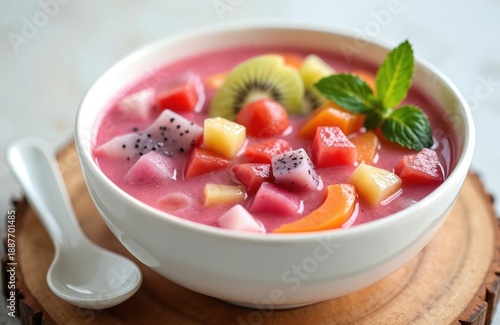 Bowl of es buah contains diced tropical fruits like dragon fruit kiwi papaya, watermelon in sweet pink syrup with ice cubes. Fresh mint leaf garnishes dessert. Refreshing cold Indonesian fruit