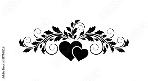 Elegant flourish with two intertwined hearts, symbolizing love and unity, adorned with swirling vines and leaves for a romantic aesthetic