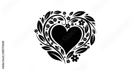 Black heart shape filled with leaves and flowers creating a decorative floral border