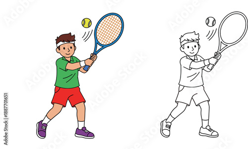 Cartoon boy playing tennis vector illustration. Cute child athlete hitting ball with racket. Set of colorful character and black and white outline for coloring book page.