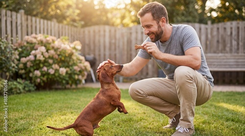 Man giving treat to dog while smiling in backyard during sunset  