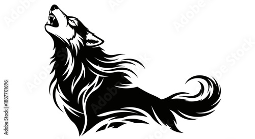 Wallpaper Mural Powerful stylized black wolf howling against a white background, embodying wilderness spirit and primal strength through intricate graphic design Torontodigital.ca