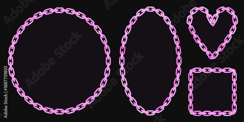 Pink chain links forming circles a heart and a rectangle on black background