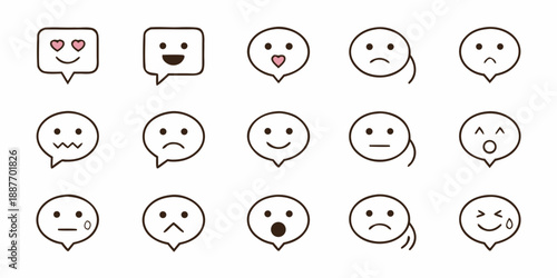 Collection of minimalist line art emoticons and speech bubble expressions