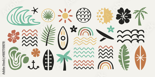 A colorful collection of stylized tropical elements and summer wave patterns