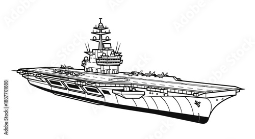 Detailed black and white line art illustration of a powerful military aircraft carrier, a large naval warship symbolizing national strength and maritime defense at sea