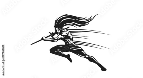 Stylized Illustration of a Fierce Warrior, Wielding a Katana with Intense Focus and Explosive Speed, Captured in a Dynamic Action Stance
