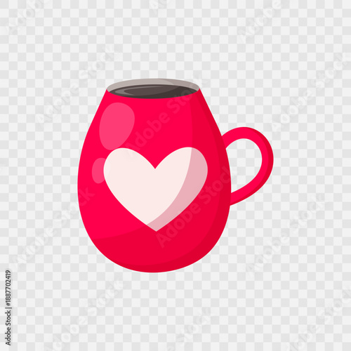 Red cup of hot coffee or tea with heart. Tea cup  icon. Isolated cup of coffee. Flat illustration. Design for cafes, coffee shops, posters, banners, advertisement. Valentines day design. Vector