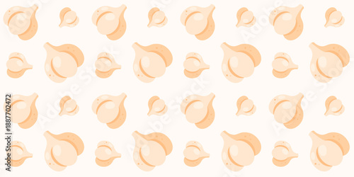 Vibrant seamless pattern with garlic on white background.  Repeated pattern with veggies.Flat cartoon style. Background for design, fabric,  textile, cooking decorations, decor, wrapping paper. Vector