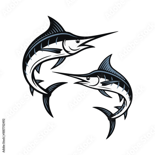 Two Stylized Marlin Fish Logo Vector Illustration in Dynamic Pose