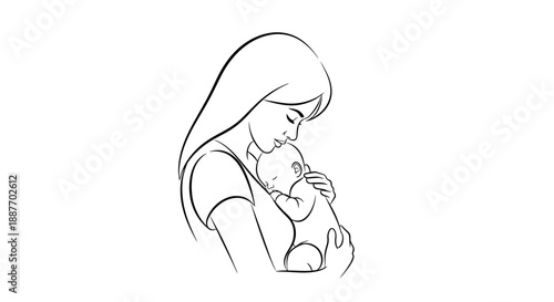 Mother holding her newborn baby tenderly in a simple line drawing.