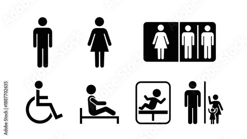 Collection of restroom and accessibility signs.