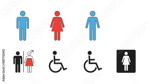 Collection of restroom signs for men women and disabled people.