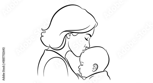 Mother kissing baby forehead tender moment line art.