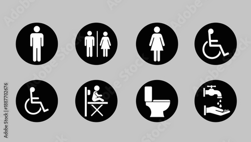 Collection of restroom and accessibility signs.