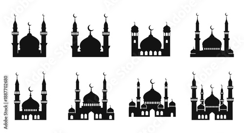 Mosque Silhouettes Vector Set. Islamic Architecture Icons Collection. Minaret and Dome Symbols for Ramadan, Eid, and Muslim Holy Days.