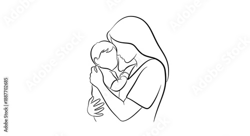 Mother holding her baby in a simple line drawing style.