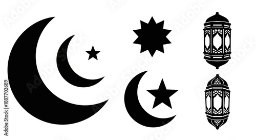 Islamic Ramadan Symbols Set: Vector Icons of Crescent Moon, Star, and Traditional Arabic Lantern (Fanar / Fanoos) Silhouettes for Holy Muslim Holidays.