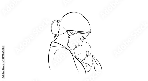Mother holding her baby tenderly in a simple line drawing.