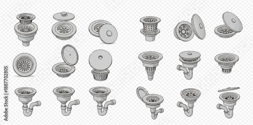 Set of realistic vector illustrations of various kitchen sink drain strainers and plumbing pipes isolated on transparent background.