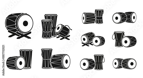Indian Traditional Drums Icon Set: Dholak, Tabla, and Folk Percussion Silhouettes. Vector collection for music, culture, and festival design.