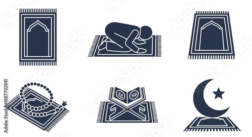 Muslim Prayer Icons Set: Salah, Sajadah, Quran, Tasbih, and Islamic Symbols Vector Collection