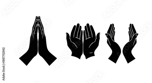 Prayer Hands, Open Palms, and Receiving Gesture Icons. Silhouette Vector Set representing Spirituality, Worship, Supplication, and Greeting (Namaste).