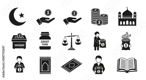 Islamic Zakat and Sadaqah Icons Set. Muslim Charity, Donation, and Worship Symbols including Mosque, Prayer Mat, and Alms Fund Pictograms.