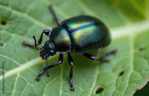 Wallpaper Mural Emerald green beetle with iridescent shell crawls on green leaf surface. Macro shot reveals insect body details on plant. Small creature in natural habitat, possibly garden or field. Torontodigital.ca