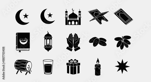 Ramadan and Eid Icon Set. Islamic Symbols collection: Mosque, Quran, Dates, Lantern, Prayer Mat, and Crescent Star Silhouettes.
