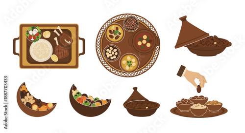Ramadan Iftar Feast Food Set Vector. Traditional Arabic Cuisine Collection including Dates, Tagine, Rice, and Dried Fruits for Islamic Holidays.