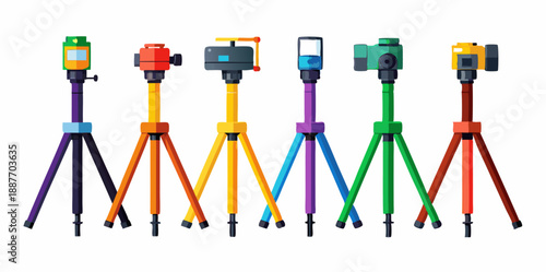Set of different tripods and cameras 3d icons. Colorful isometric icons isolated on white background. Vector illustration.