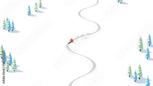 Isometric winter adventure: snowboarder carves through snowy forest path