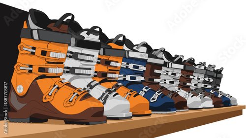 Stylish ski boots collection displayed on shelf in cartoon design