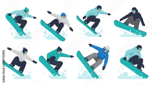 Dynamic snowboarders in action: flat design of winter sports enthusiasts in blue and gray gear