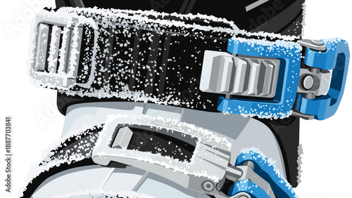 Detailed snow-covered ski boot close-up with buckles for winter sports enthusiasts