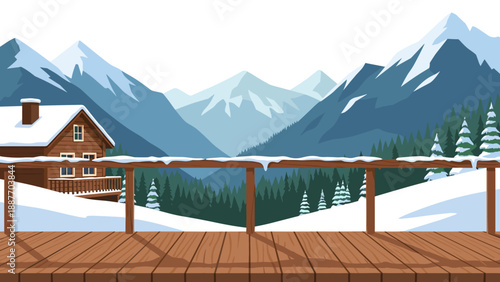 Winter lodge view with snowy mountains and pine trees in flat design