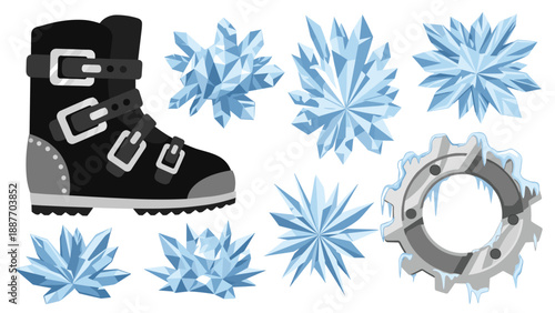 Winter adventure elements: ice crystals, snowflake, frozen boot, frost gear