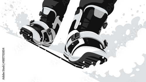 Dynamic snowboarding scene with closeup of boots on snowy terrain