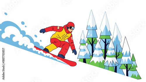 Snowboarder gliding downhill in colorful gear next to snow-capped trees