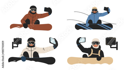 Winter sports selfies: snowboarders capturing action moments on slopes