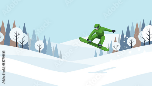 Winter snowboarding adventure in minimalistic style with majestic mountain landscape