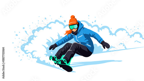 Dynamic snowboarder in action with snow trail and colorful gear