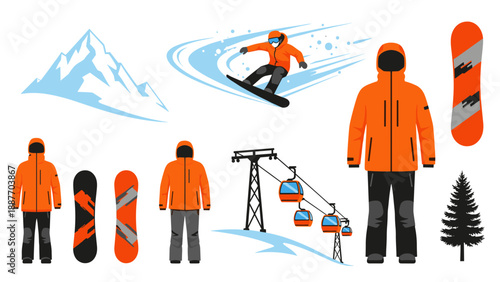 Winter sports gear and snowboarding elements with mountain scenery and cable cars