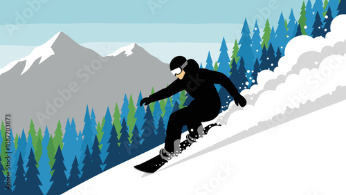 Snowboarding downhill silhouette in mountain landscape with pine trees