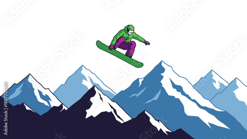 Snowboarder in action over majestic winter mountain peaks