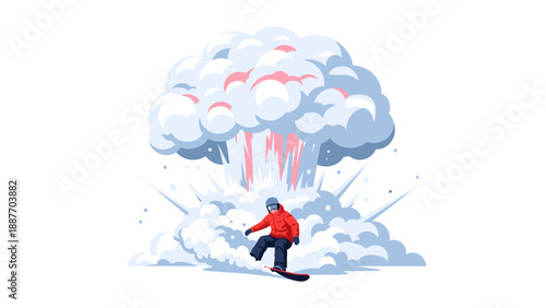 Dynamic snowboarder riding in front of explosive cloud burst